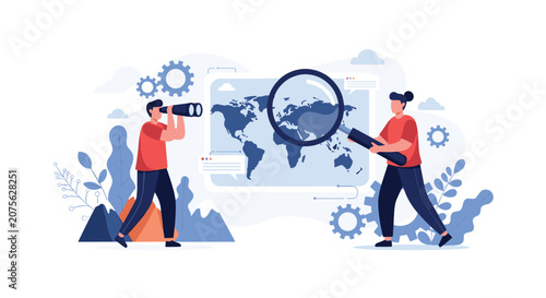 Two individuals using binoculars and a magnifying glass to explore a global map for international business or travel planning.
