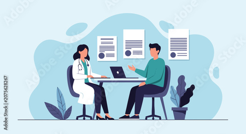 Female doctor in a white coat consulting with a male patient at a desk with a laptop and medical documents in a clinic setting.