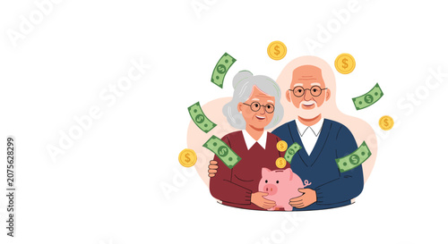 Happy elderly couple putting coins into a pink piggy bank while banknotes and gold coins fall around them for retirement savings.