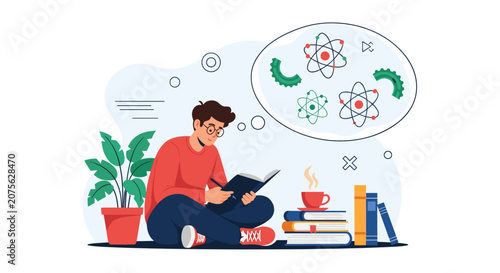 Young man sitting on the floor reading a book while thinking about complex atomic structures and scientific theories.