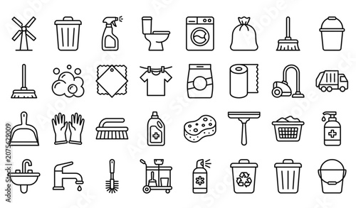 Thin Line Household Cleaning Icon Set with Laundry Sanitation Waste Management and Editable Stroke Symbols