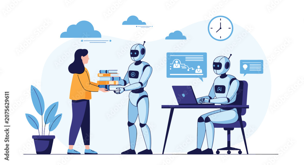 Fototapeta premium Futuristic office scene with robots assisting a woman with books and another robot working on a laptop.