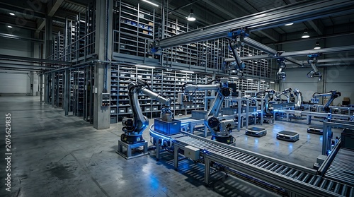 Automated warehouse with robotic arms and conveyor system