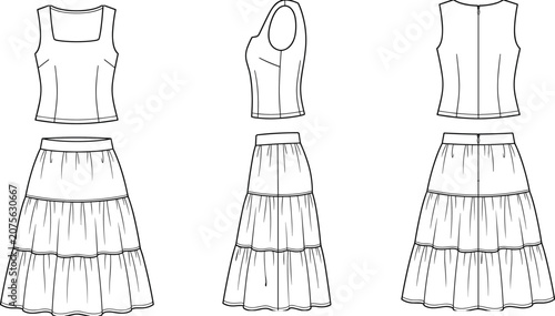 Schilderij op canvas Fashion flat technical sketch of women sleeveless square neck top and tiered mid