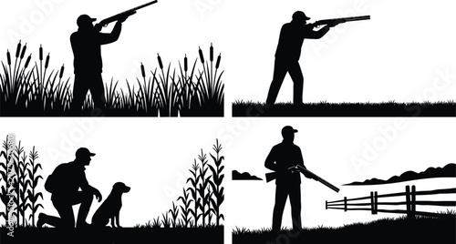 Fényképezés Waterfowl hunting silhouette vector bundle featuring hunters with shotguns hunti