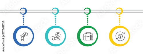 Fotografie business icon set with woman with dollar bill, euro coin on hands, business brie
