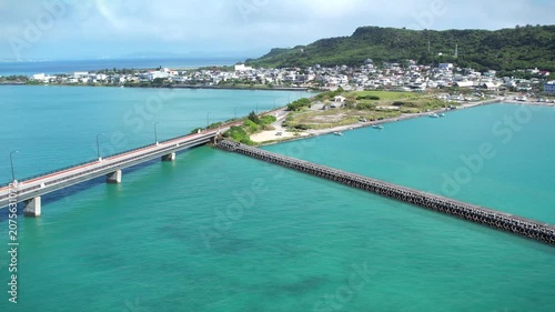 Aerial view of a bridge in the turquoise sea, Okinawa, Japan.	