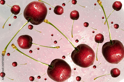 Creative floating cherry pattern with water drops and hard shadows on fresh wet abstract background food art