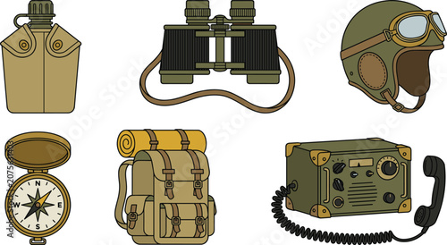 Tableau sur toile Vintage military adventure gear vector set featuring canteen binoculars pilot he