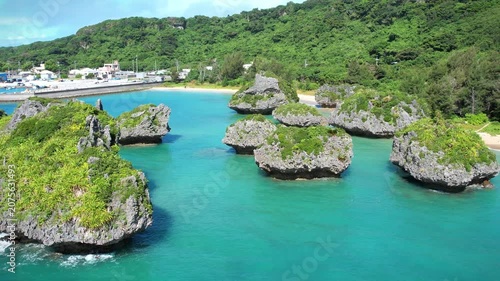 Aerial view of islands in the turquoise sea, Okinawa, Japan.