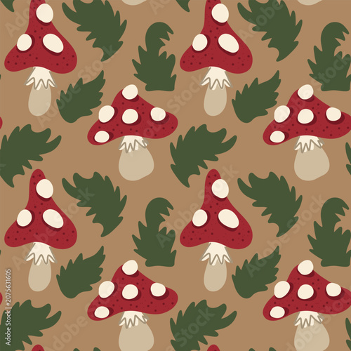 Seamless Fly Agaric Mushroom Pattern with Green Leaves on Autumn Background