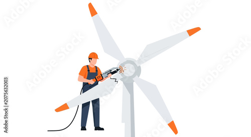 Technician Repairing Damaged Wind Turbine Blade Vector Illustration - Renewable Energy Maintenance Concept
