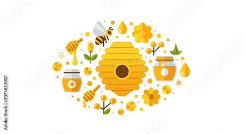 Honey Bee and Beehive Flat Vector Illustration Set with Organic Honey Jars, Flowers, and Dippers