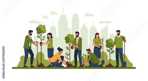 Diverse Group of People Planting Trees in Urban Park for Environmental Sustainability and Reforestation Concept Vector Illustration