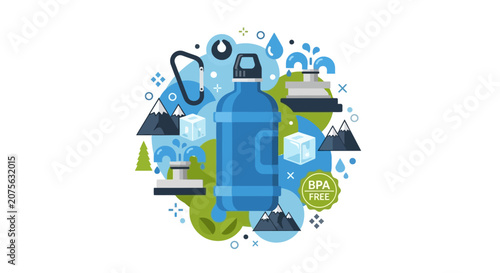 Eco-Friendly Reusable Water Bottle Illustration with Hydration and Outdoor Adventure Icons - BPA Free Concept