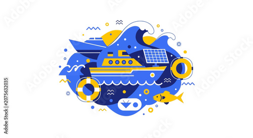 Sustainable Solar Powered Cruise Ship and Yacht Illustration with Marine Elements for Eco-Friendly Travel Concept