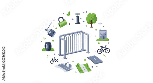 Bicycle Infrastructure and Urban Cycling Flat Vector Illustration Set with Bike Rack, Lock, Pump, and Path Symbols