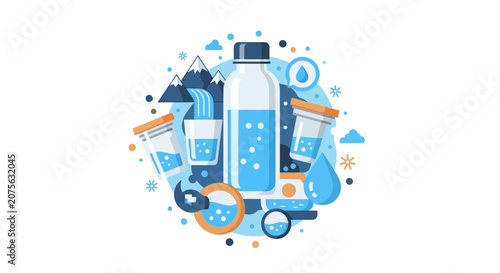 Pure Mineral Water Illustration with Natural Mountain Source and Waterfall - Hydration Concept Flat Design for Healthy Lifestyle and Beverage Branding