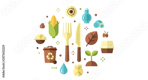 Sustainable Dining and Eco-Friendly Lifestyle Concept Illustration with Bioplastics, Recycling Bin, Organic Food, and Biodegradable Cutlery in Flat Vector Style