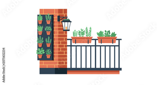 Modern Urban Balcony Garden with Vertical Planter and Potted Herbs on a Brick Wall, Flat Vector Illustration