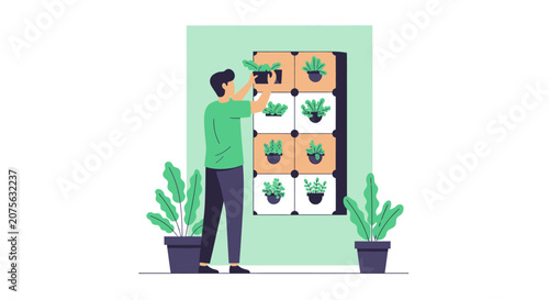 Man Tending to a Vertical Indoor Wall Garden Illustration for Sustainable Lifestyle and Urban Greenery Concept