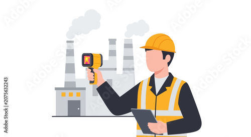 Industrial Engineer Using Thermal Imaging Camera for Factory Inspection and Maintenance, Vector Illustration
