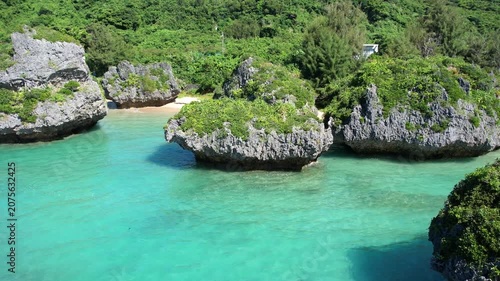 Aerial view of islands in the turquoise sea, Okinawa, Japan.
