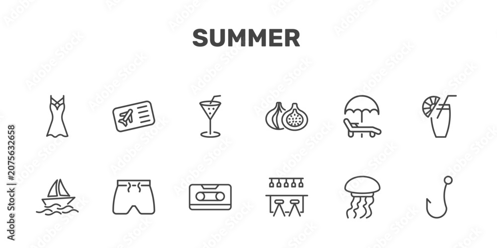 Fototapeta premium summer icon set with dress, plane ticket, refreshing cold drink, fish and hook signs in flat outline style