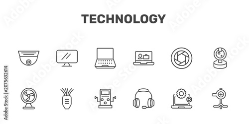 Фотография technology icon set with security cam, simple screen, open laptop, pitching hine
