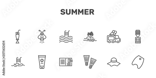Foto summer icon set with milkshake, firefly, swimming pool, bodyboard signs in flat
