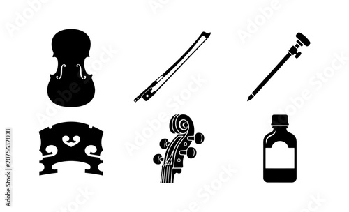 Set of black musical instrument icons featuring violin silhouette bow bridge scroll and rosin for string instrument maintenance