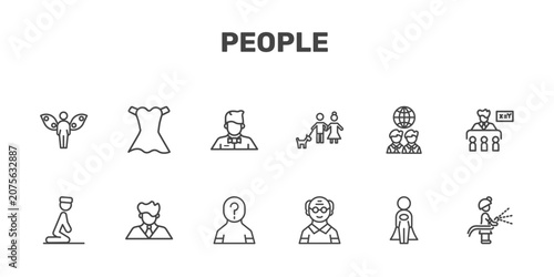 Photos people icon set with grace, women dress, waiter working, firefighter working sig