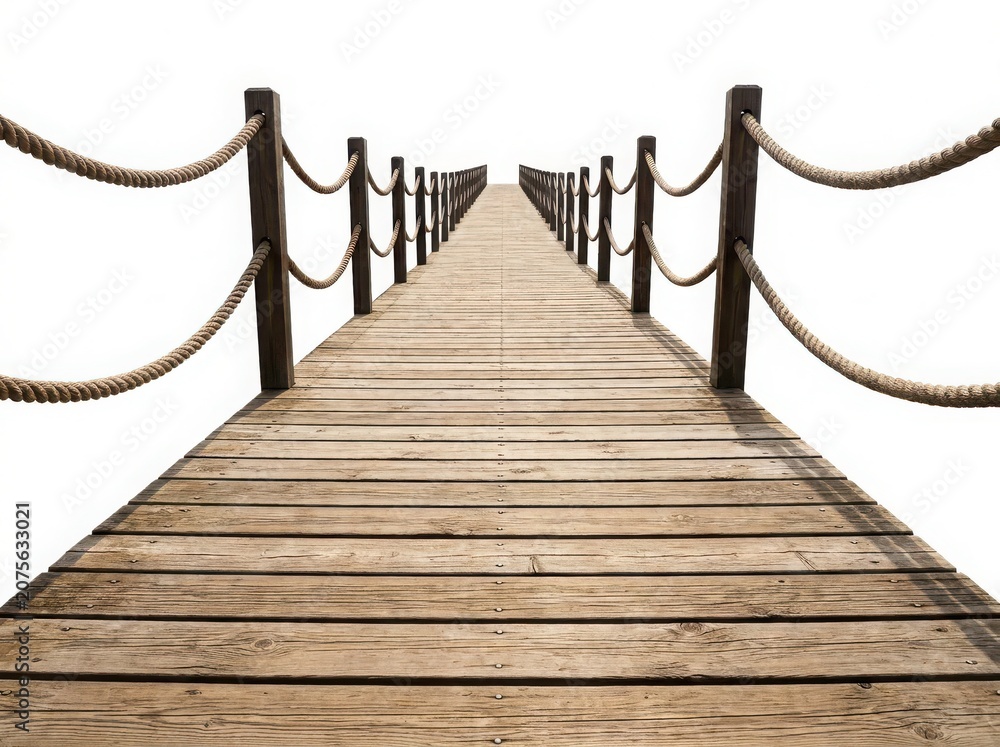 Obraz premium Wooden boardwalk path with rope railings leading into the distance isolated on white background