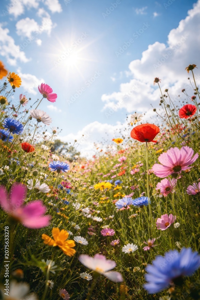 Obraz premium Vibrant wildflowers under sunny sky.