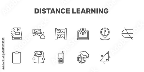 Fotografía distance learning icon set with notebook with bookmark, online training, abcus,