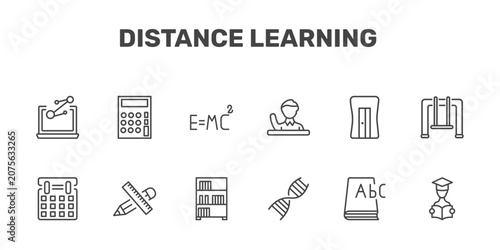 Photos distance learning icon set with science in a laptop, small calculator, relativit