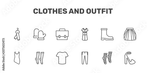 Photography clothes and outfit icon set with scarf on hanger, wool gloves, messenger bag, pl