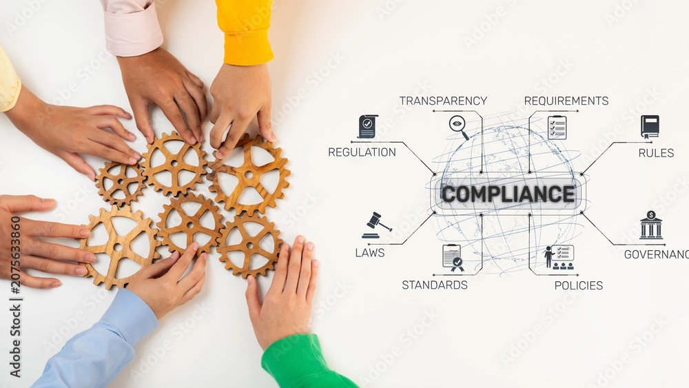 Obraz premium Diverse hands unite around gears, representing collaboration and compliance in a business context. Important concepts such as regulations and governance are visually highlighted. Raster