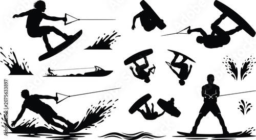 Foto Wakeboarding and Water Skiing Silhouette Vector Set Featuring Extreme Extreme Ri