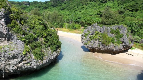 Aerial view of mushroom rocks in the turquoise sea