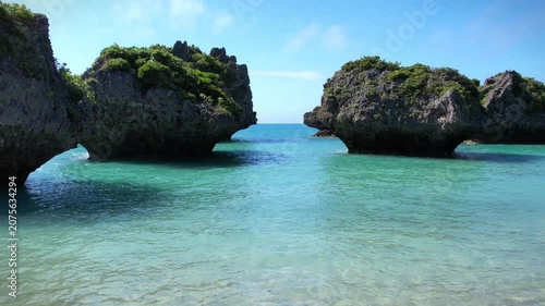Aerial view of mushroom rocks in the turquoise sea