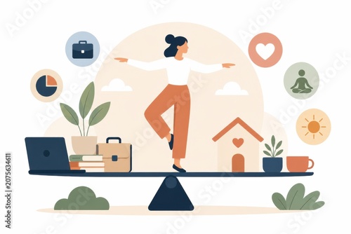 Stylized illustration depicting work life balance showcasing an individual managing home work elements in a minimalist artistic style