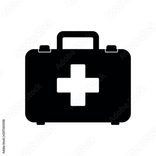 First aid kit box with medical cross symbol silhouette on white background
