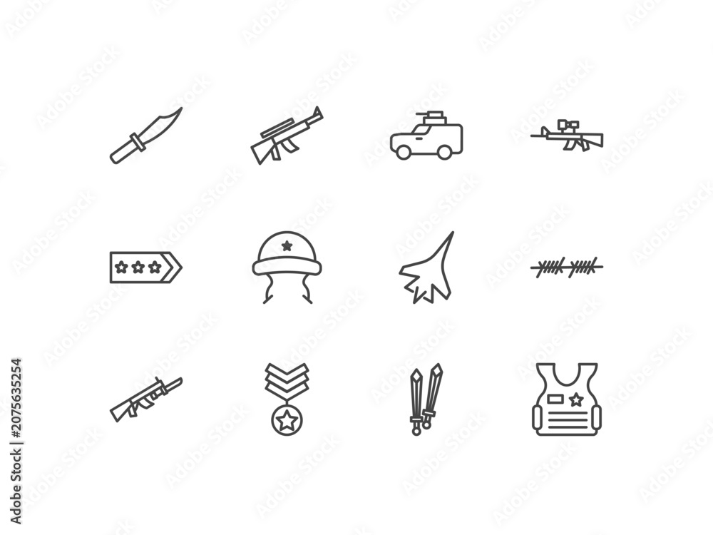 Fototapeta premium military and war and icon set with knife, rifle, army car, bulletproof signs in flat outline style