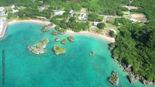 Aerial view of islands in the turquoise sea, Okinawa, Japan.