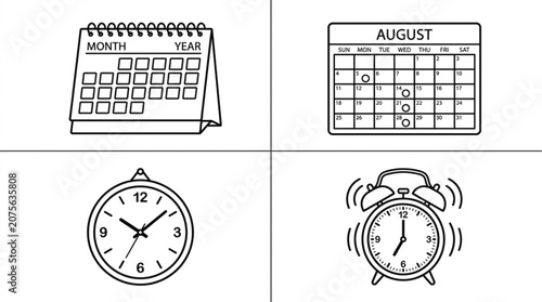  Calendar and clock line icons vector set with time management and schedule symbols