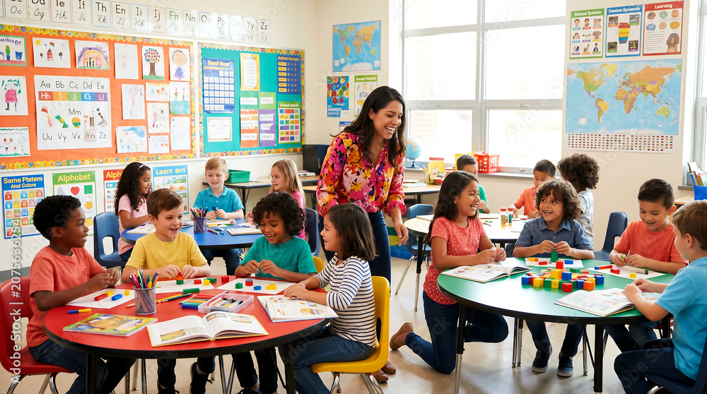Obraz premium Teacher Assisting Young Students in Bright Classroom During Art Activity
