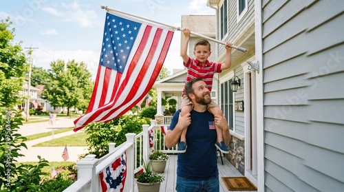 Input ingredient 0A happy father carrying his young son on his shoulders while hanging an American flag on the front porch of their suburban home, celebrating 4th of July.