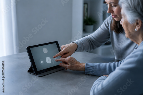 Granddaughter teaching her grandmother how to make a video call on a tablet