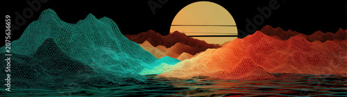 Deep navy, minimalist wireframe mountains, cyan laser sun, tilt-shift --chaos 100 --ar 32:9 --stylize 1000 --v 7 Job ID: b654915f-43a8-4890-986d-edc88a7919f0
